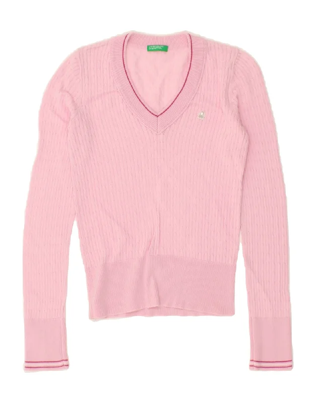 BENETTON Womens Crop V-Neck Jumper Sweater UK 8 Small Pink H&M sweaters