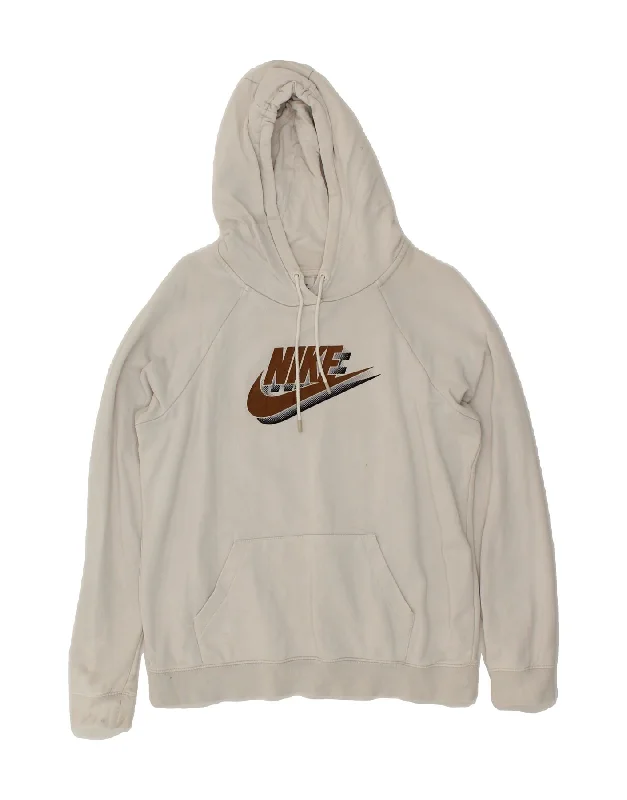 NIKE Womens Graphic Hoodie Jumper UK 14 Medium Off White Cotton Minimalist sweaters