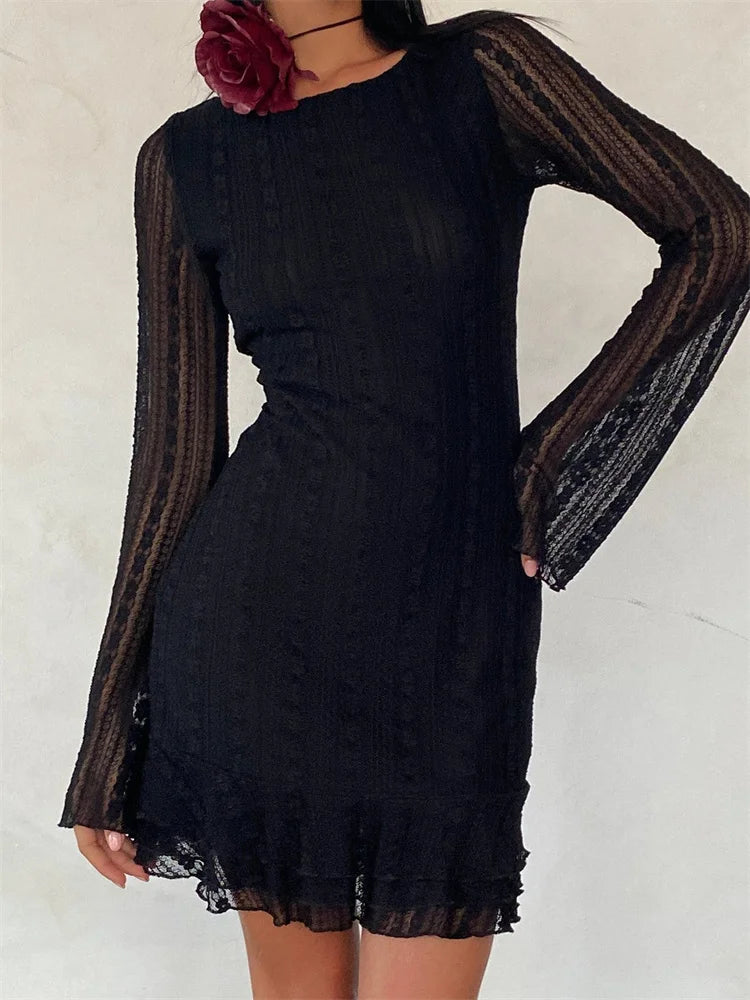 FashionSierra - Sexy Lace Party Clubwear Long Flare Sleeve Mesh See Through O-neck Mini Dress