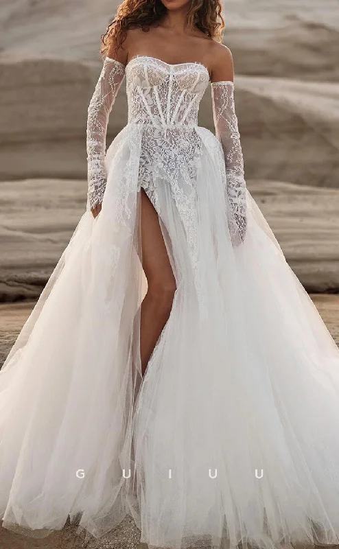 GW1042 -  A-Line Strapless Sleeveless Long Gloves Fulle Lace Pleated Boho Beach Wedding Dress with High Side Slit