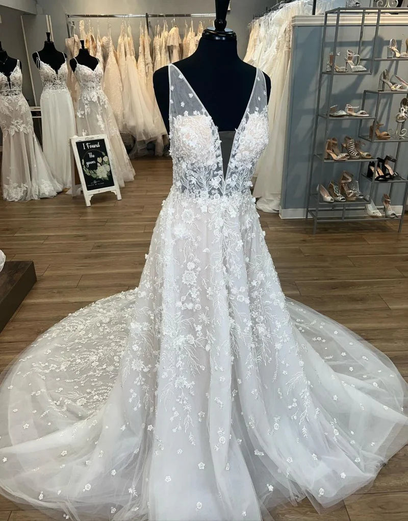 Gorgeous A-Line Deep V-Neck Open Back Chapel Train Wedding Dress