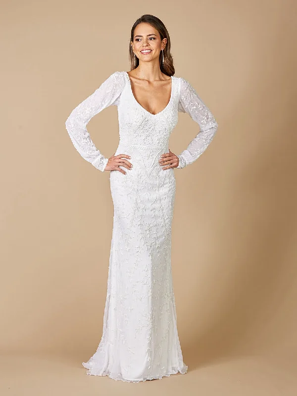 51079 - Embellished V-back Lace Evening Gown