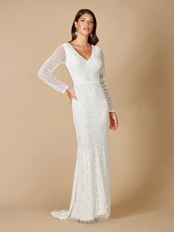 51088 - V-neck Long Illusion Sleeves Evening Gown