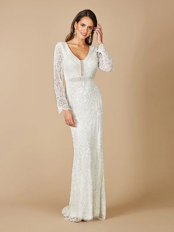 51090 - V-neck Embroidered Long Sleeves Long Gown