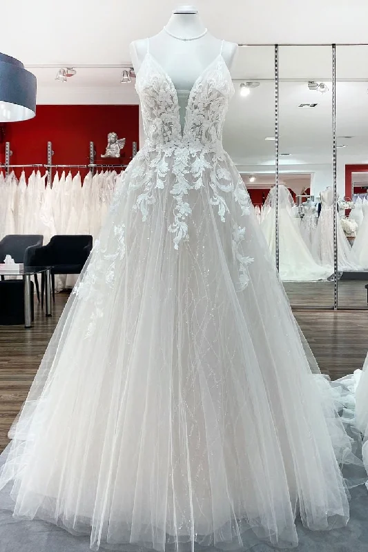 Long Princess Tulle V Neck Sequins Lace Appliques Wedding Dress