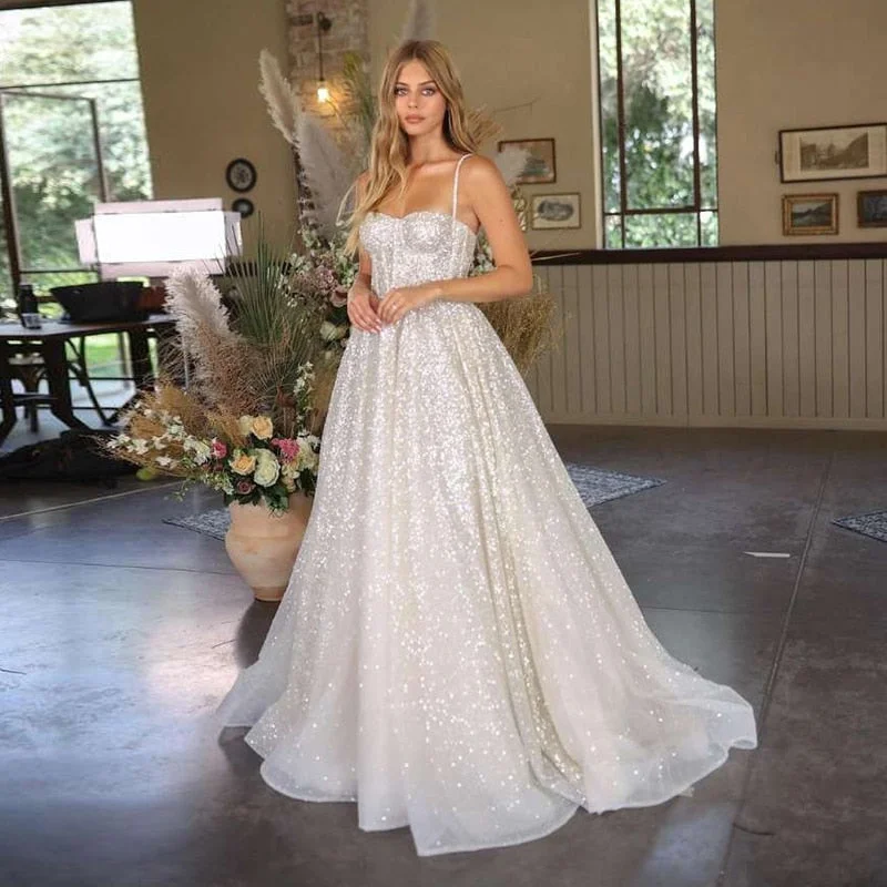 Wedding Dresses Boho Sweetheart Sequin Spaghetti Strap A-Line