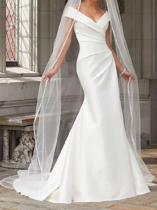 Mermaid / Trumpet Wedding Dresses Off Shoulder Sweep / Brush Train Polyester Cap Sleeve Country Plus Size with Ruched Draping