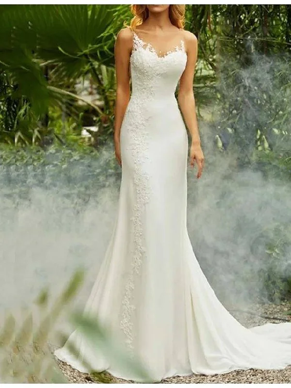 Mermaid / Trumpet Wedding Dresses V Neck Sweep / Brush Train Chiffon Spaghetti Strap Mordern Backless with Lace Insert