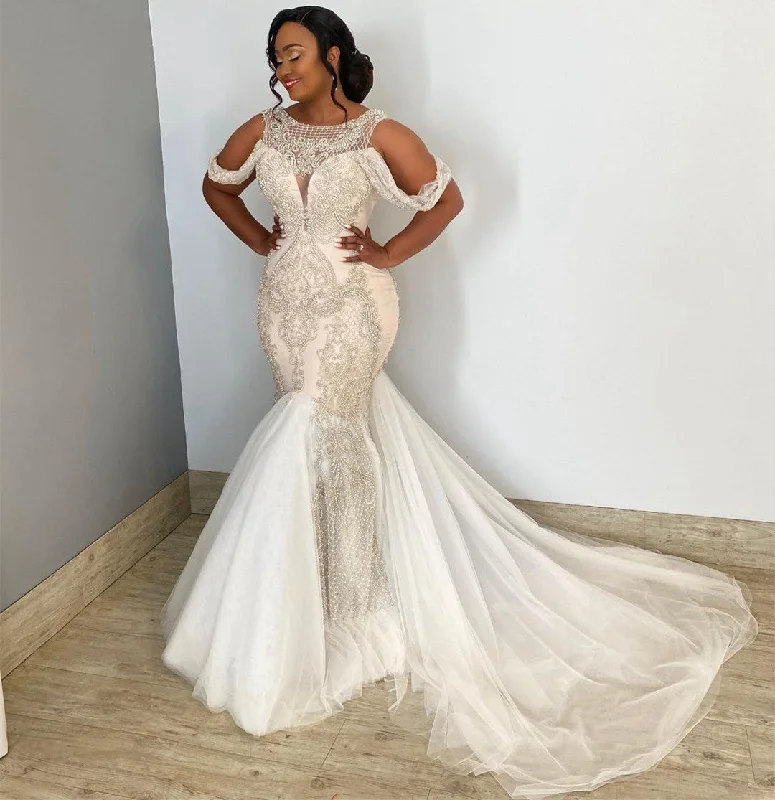 New Style Off Shoulder Mermaid Wedding Dresses Bridal Gowns Beaded Applique Tulle Long Vestidos De Novia,LW034