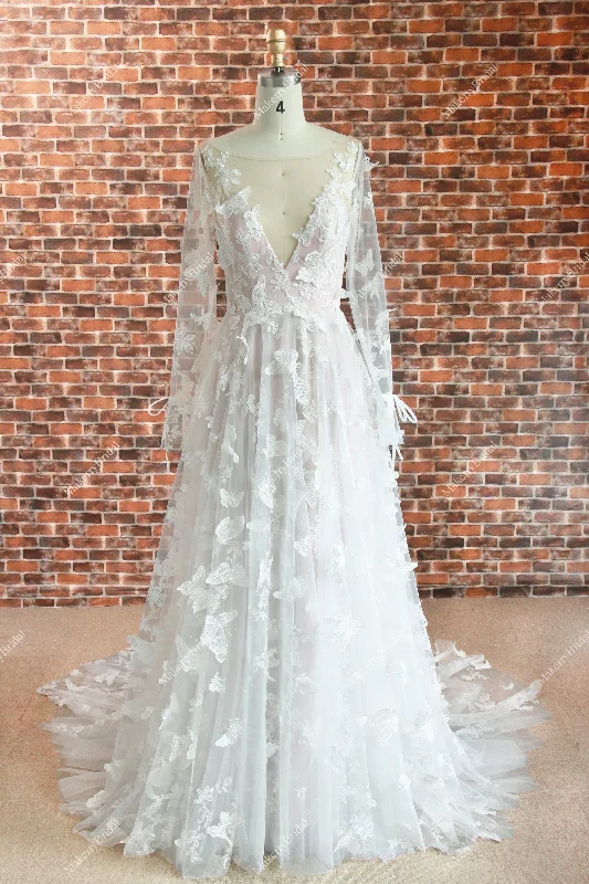 Romantic Boho Lace butterflies pattern Wedding Dress With Long Sleeves