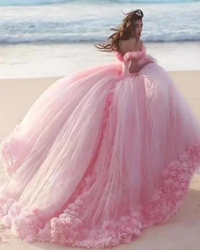 Romantic Poofy Pink Floral Wedding Dresses Off the Shoulder Ball Gown Quinceanera Dress SA933