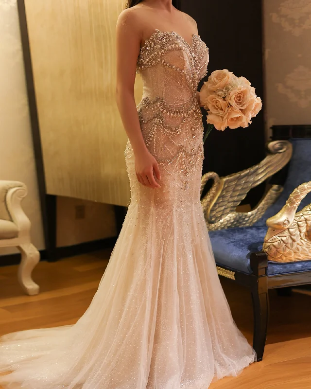 Luxury Crystal Pearls Nude Mermaid Wedding Dress SS528