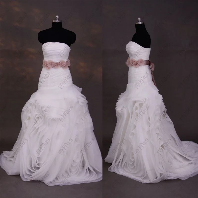 Strapless ball gown swirls wedding dress with dusty pink sash