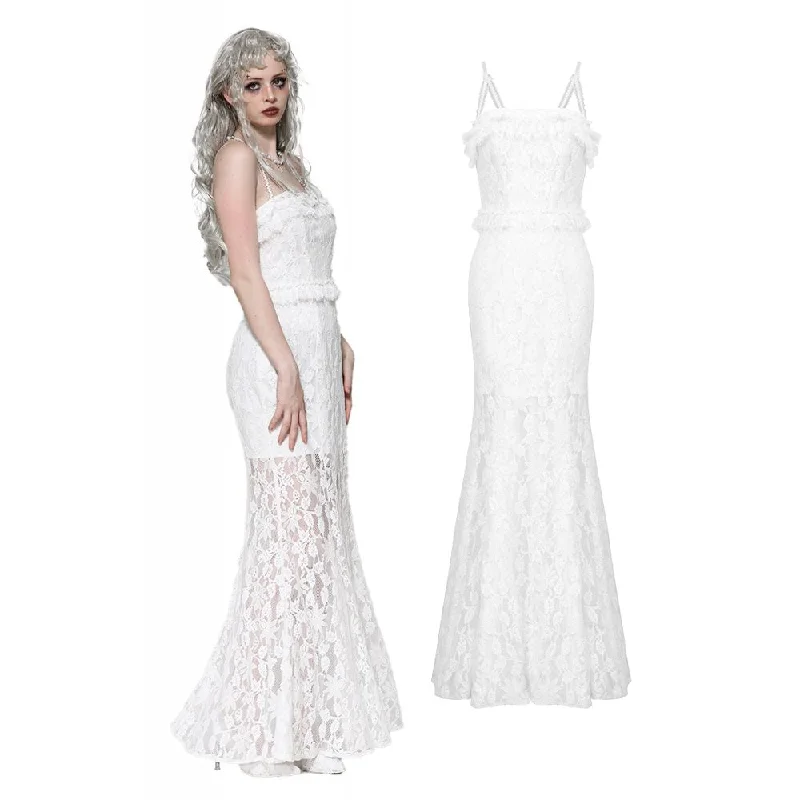 Women's Gothic Pleated Lace Slip Dress White Wedding Dress