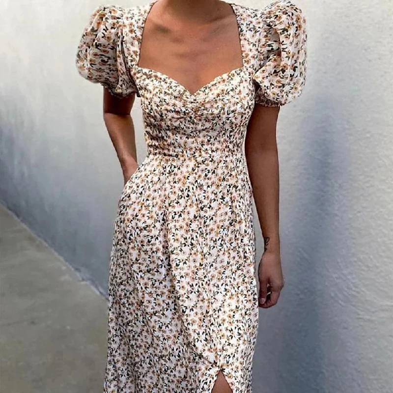 Women Elegant Floral Print Summer Dress V-neck Puff Sleeve Split Midi Dress