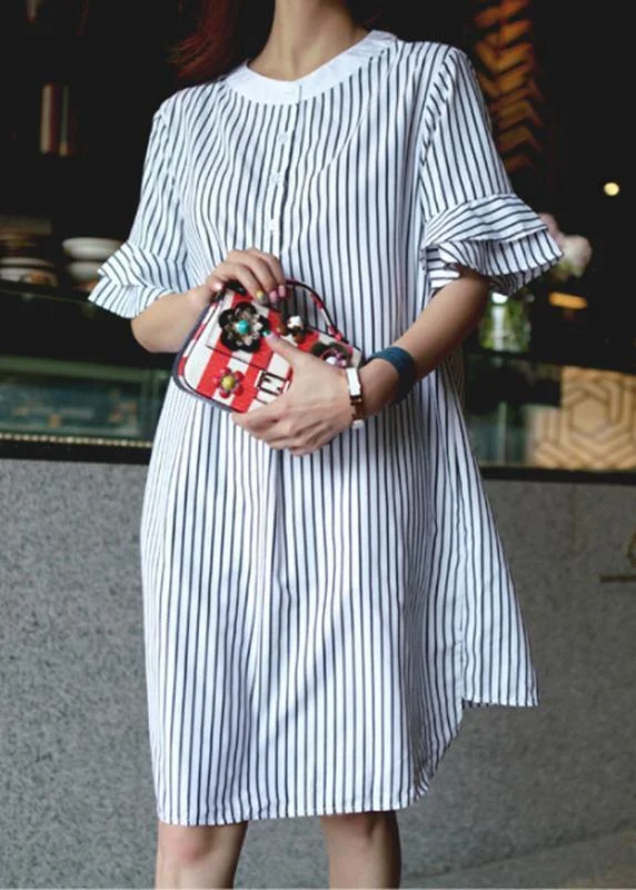 French striped Cotton quilting dresses o neck Ruffles Midi Dress