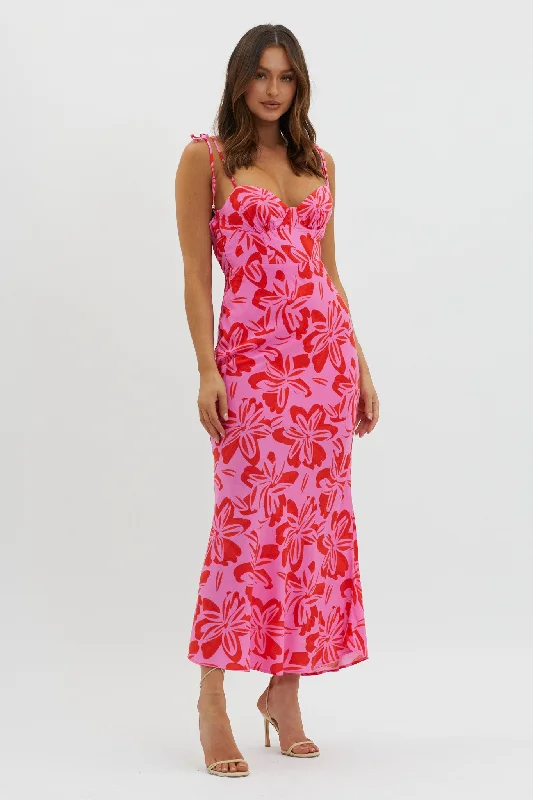 Luau Tied Shoulder Print Dress Pink