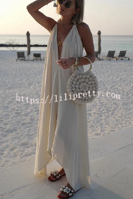 Lilipretty® Bali Dreams Linen Blend Leather Tassel Design Halter Backless Beach Maxi Dress