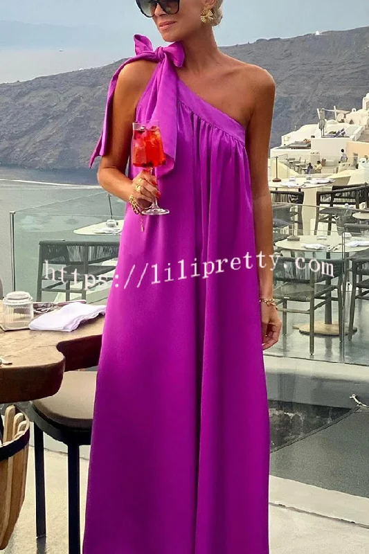 Lilipretty® Beach Party Satin One Shoulder Bow Detail Loose Maxi Dress