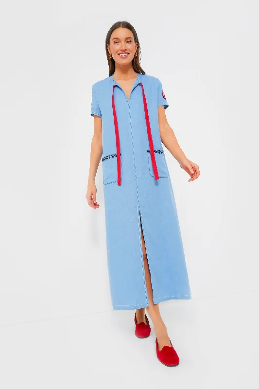 Blue Petra Embroidered Linen Maxi Dress