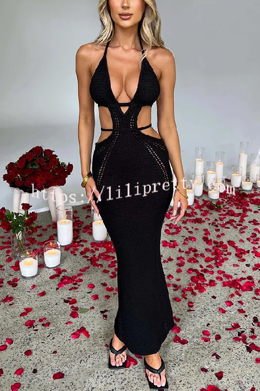 Effortlessly Cool and Sexy Knit Crochet Cutout Halter Tie-up Stretch Maxi Dress