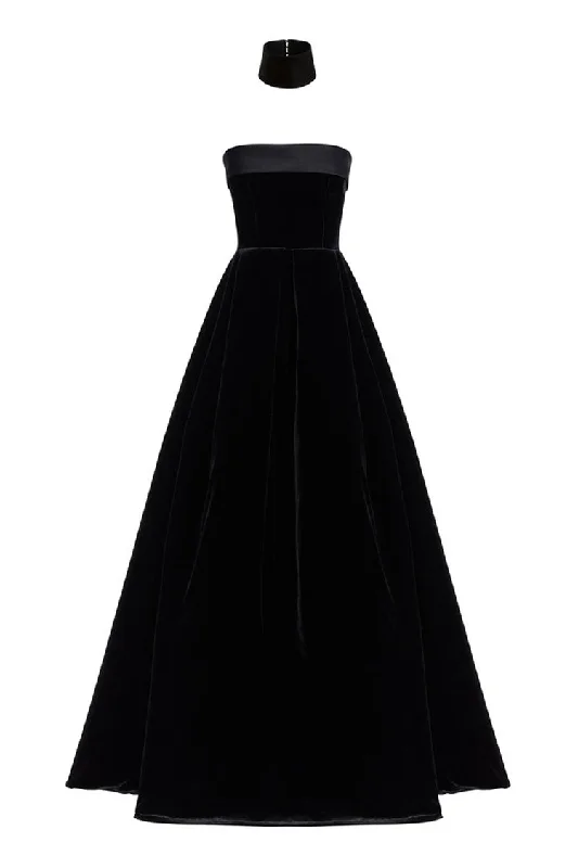 Regal Choker Fold Over Strapless Fit & Flare Velvet Evening Maxi Dress