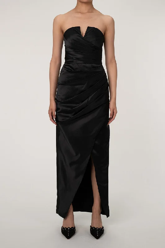 Silky Satin Notch V Strapless Draped Evening Maxi Dress - Black