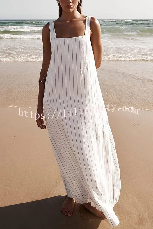 Lilipretty® Simple and Stunning Linen Blend Pinstripe Detail Square Neck A-line Maxi Dress