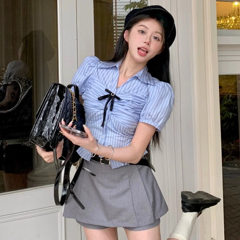 Blue Short Sleeve Striped Shirt+Grey Skirt PL53436 Soft Denim Skirt