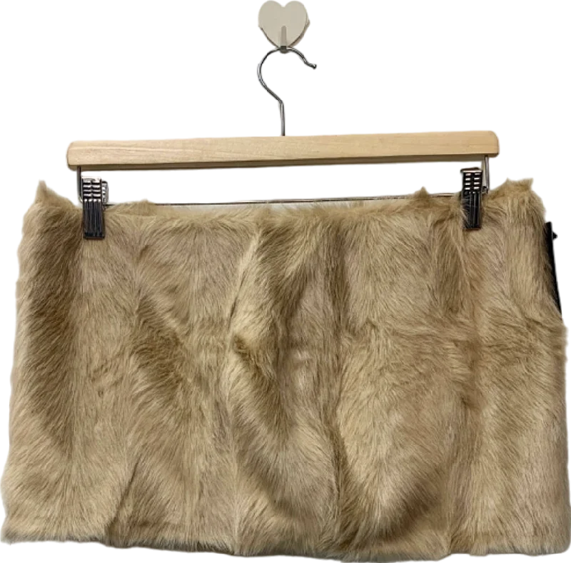 PLT Label Beige Faux Fur Mini Skirt UK 10 Fitted Pleated Skirt