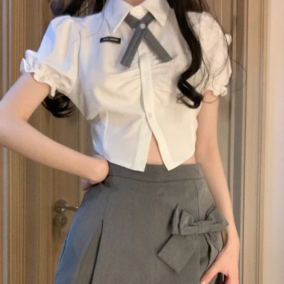 Short hot girl shirt + high waist slit skirt PL53247 Casual Mini Skirt