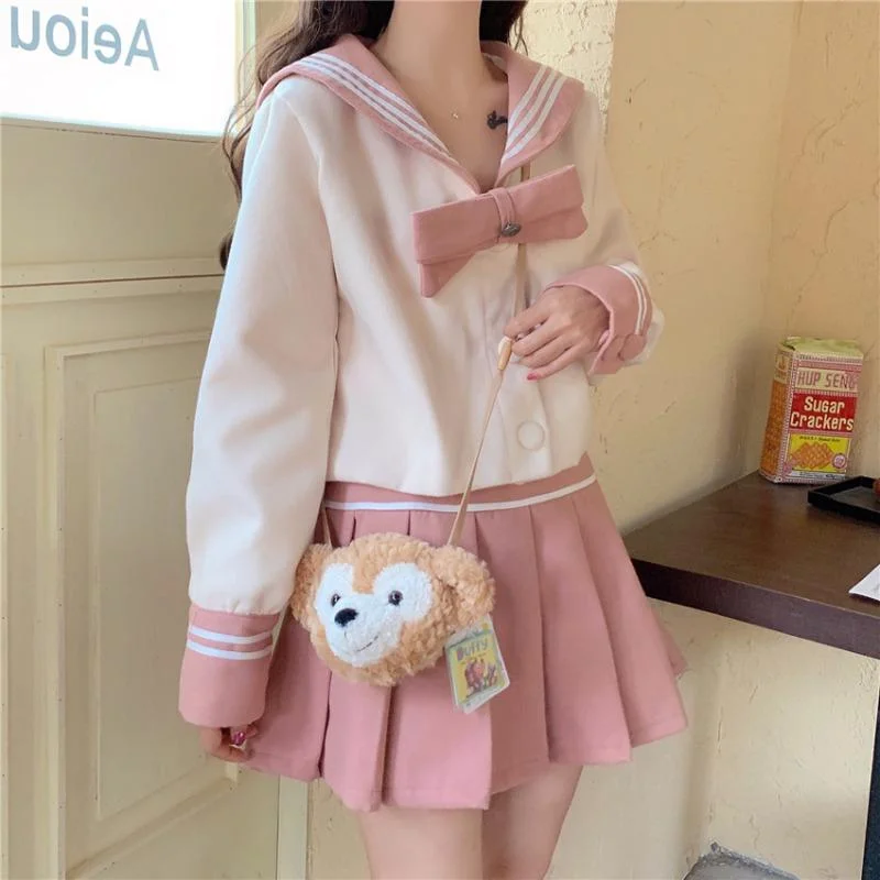 Women's Cute Sailor Collar Short Coat Mini Skirt Set