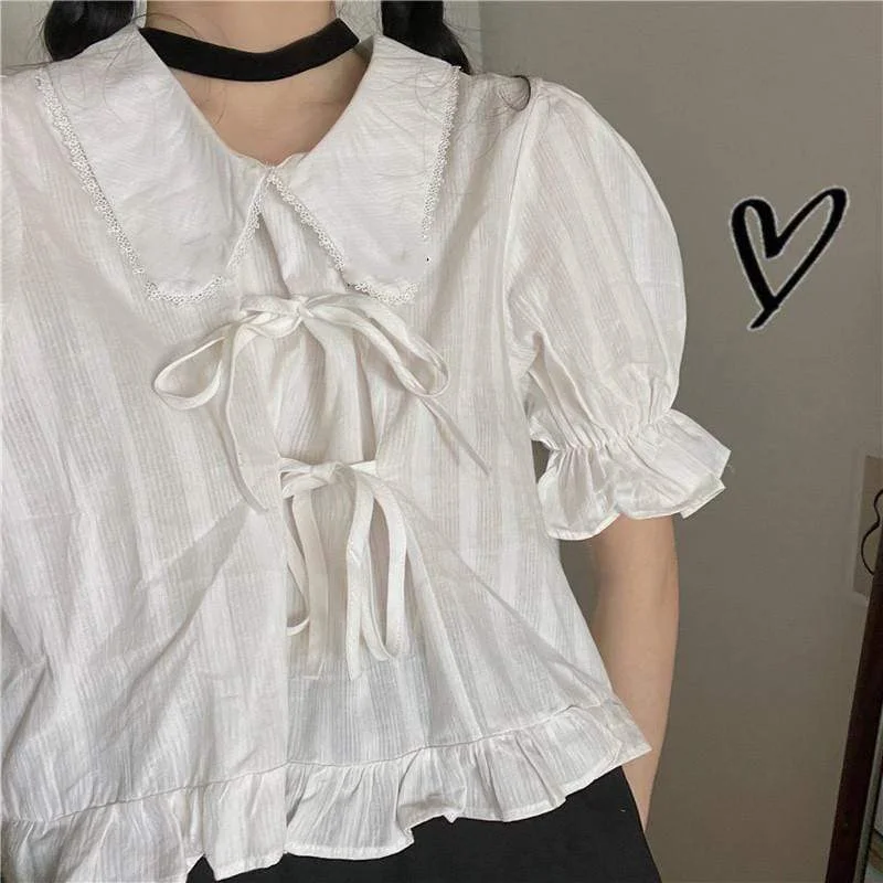 Women's Kawaii Puff Sleeved Lace-Up Short Shirts Women's Kawaii Layered A-line Skirts Plaid Mini Skirt