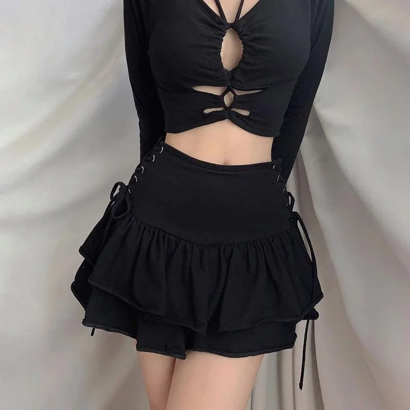 Women's Kawaii Side Lacing Double-layer Mini Skirts Bold Mini Skirt