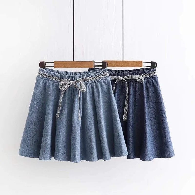 Women's Korean Fashion Pure Color Contrast Color Jean Short Skirts With Lace-up Bowknot Mini Skirt Summer