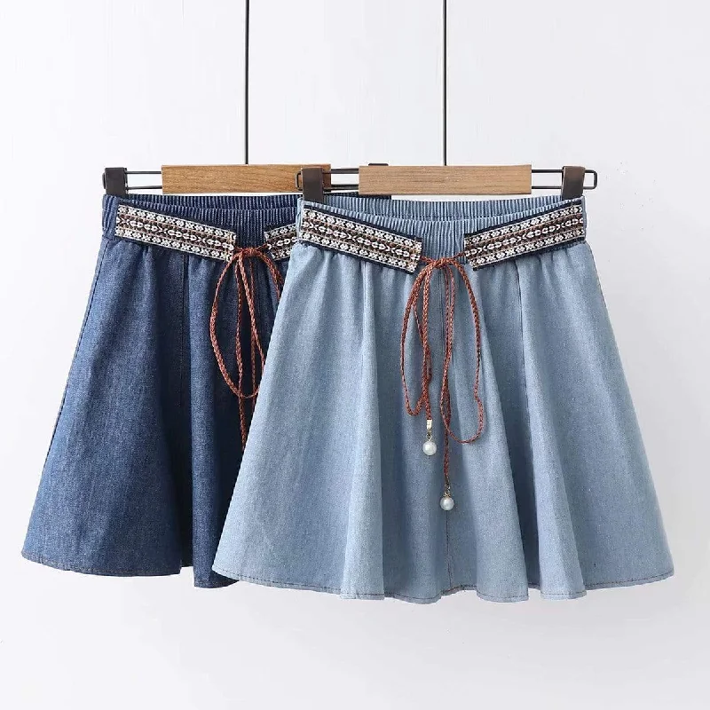 Women's Korean Fashion Pure Color Ethnic Style  Short Jean Skirts With Lace-up Belt Mini Skirt Trendy