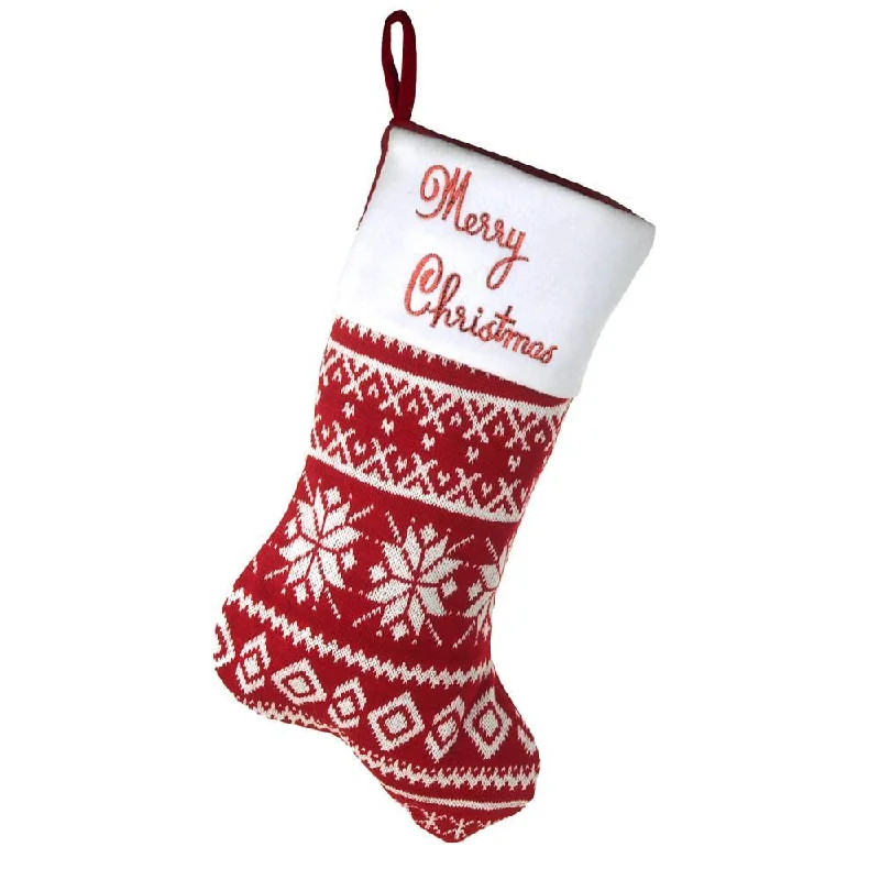 Snowflake Stocking with Merry Christmas White Cuff, Red, 20-1/2-Inch