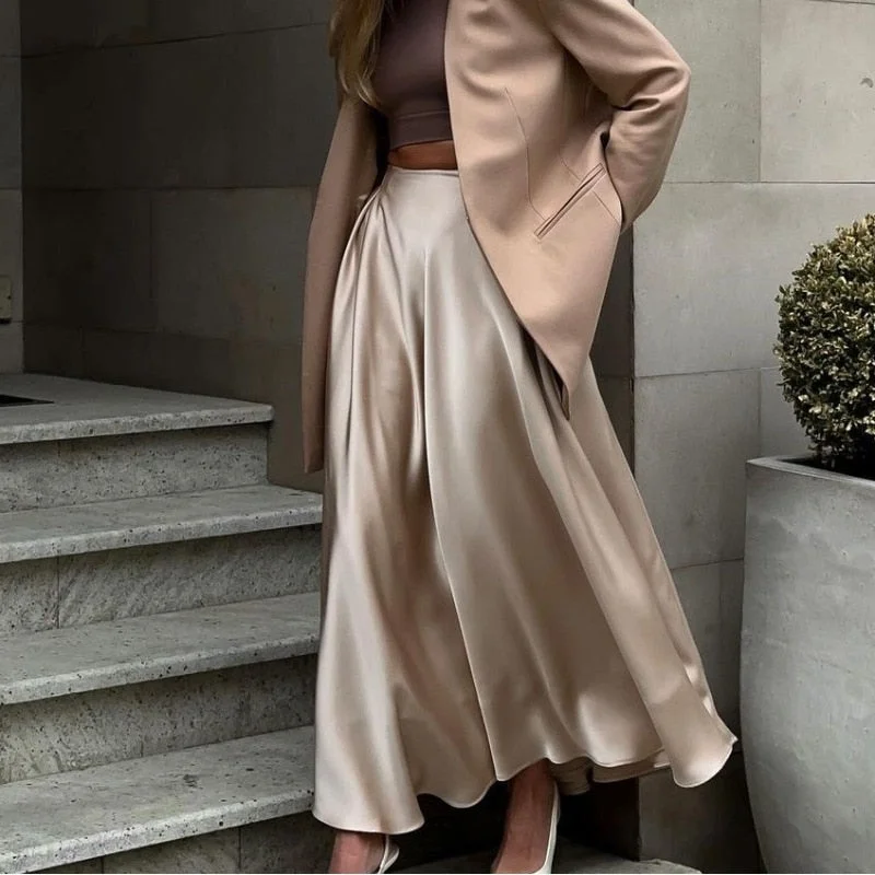 JuliaFashion-Elegant Vintage High Waist Satin Maxi Skirt