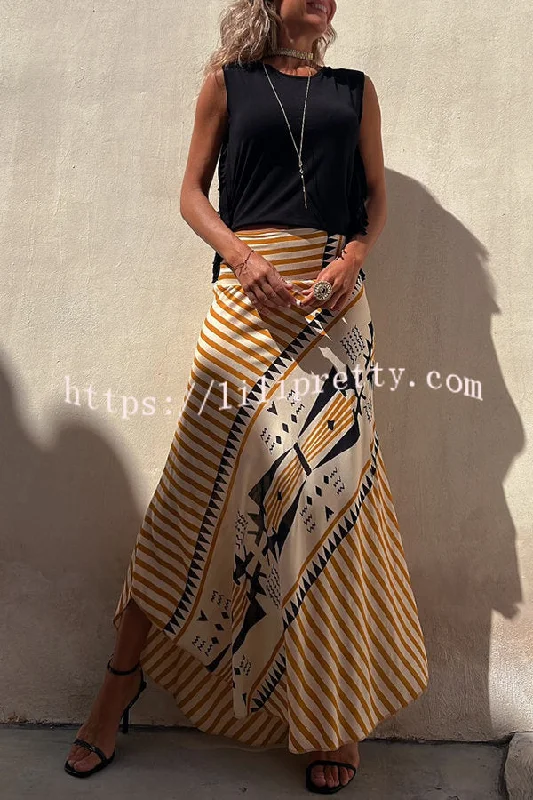 Lilipretty Eva Satin Geometric Print Elastic Waist Maxi Skirt