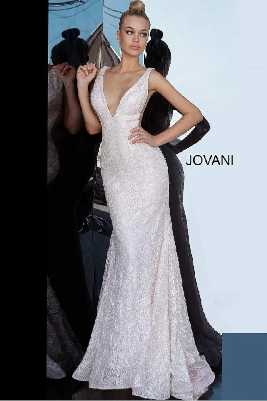 Jovani 65547 Plunging Neckline Lace Long Evening Dress