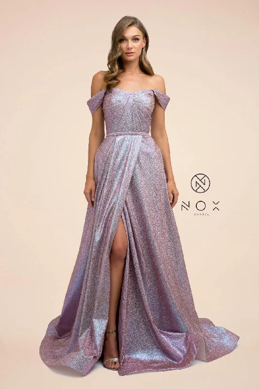 Off  Shoulder Metallic Glitter Prom Long Ball Gown