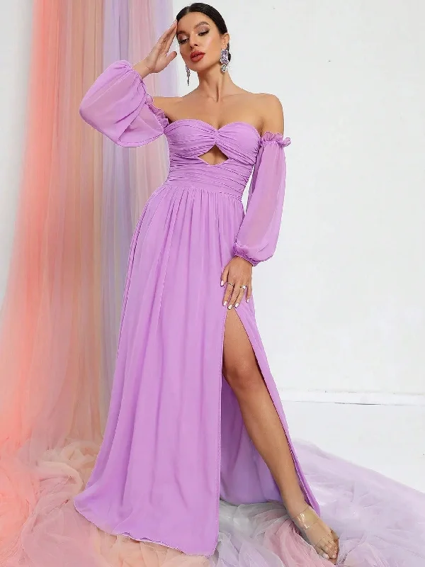 Elegant Off Shoulder Cut Out Ruched Split Thigh A Line Dress