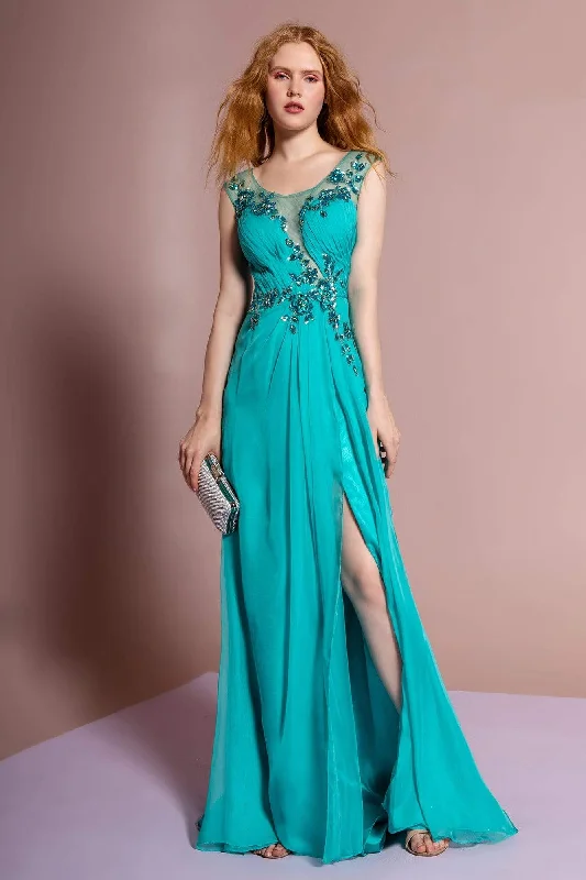 Elizabeth K - GL1088 Bejeweled Cap Sleeve Illusion Bateau Dress