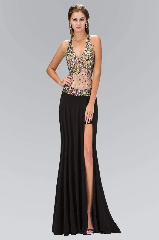 Elizabeth K - GL1070 Jeweled Halter Neck Jersey Trumpet Dress