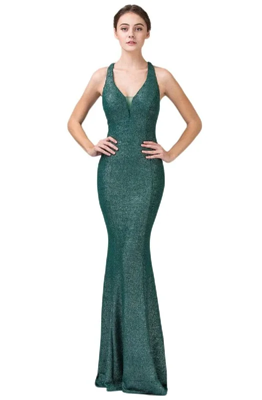 Eureka Fashion - 8010 Shimmer Jersey Halter V-neck Mermaid Dress