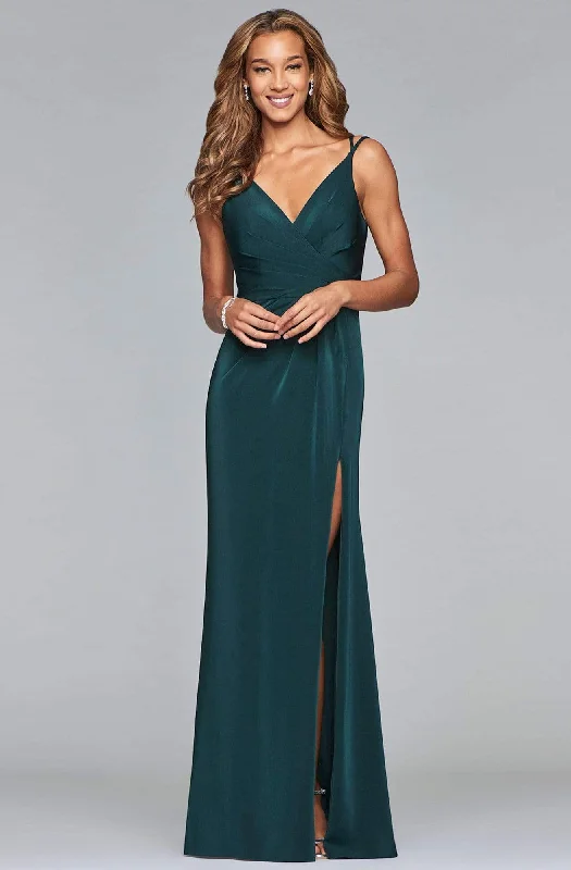 Faviana - 7755 Sleeveless V Neck High Slit Faille Satin Dress