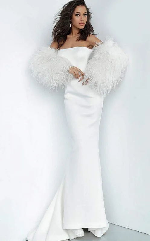 Jovani - 1226 Strapless Trumpet Dress With Feathered Sleeves