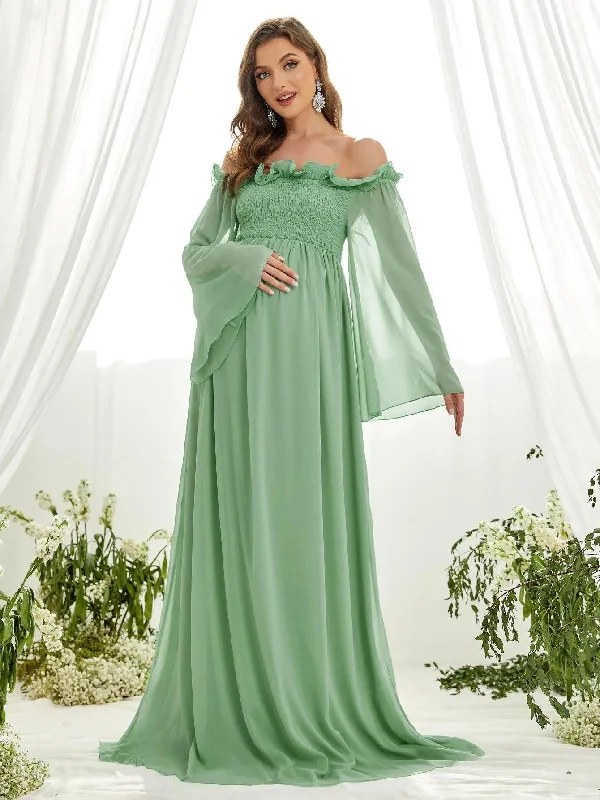 Maternity Off Shoulder Ruffle Trim Shirred Chiffon Dress