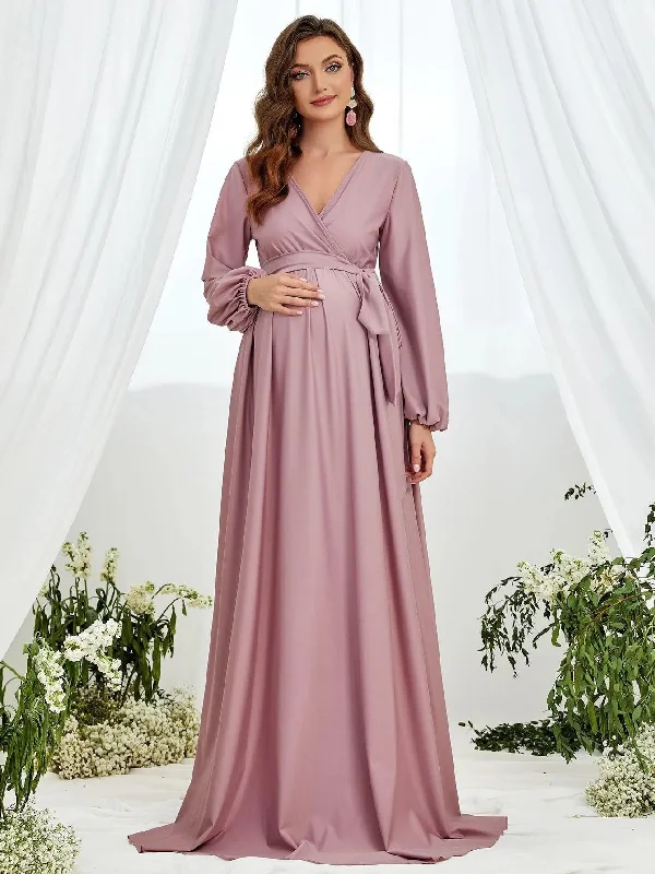 Maternity Surplice Neck A  Line Belted Dress