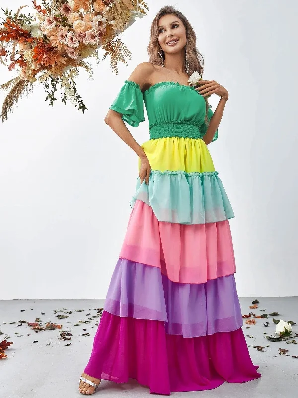 Off Shoulder Ruffle Sleeve Chiffon Layered Dresses